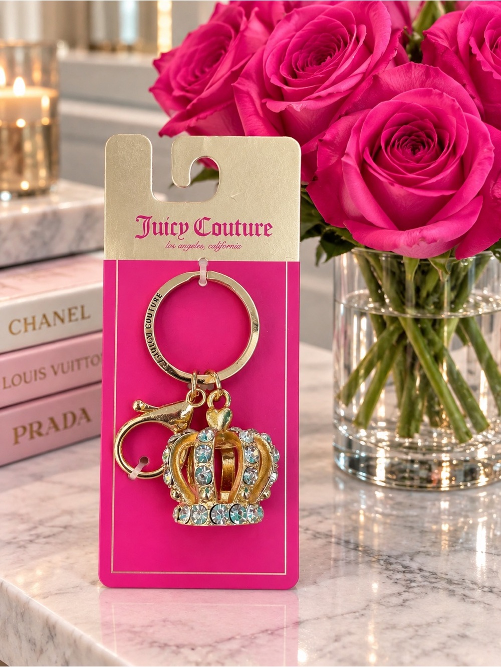 Juicy Couture Gold Crown Keyring with Pink Display Card
